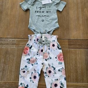 Green Ruffled Onesie and Floral Pants Set
